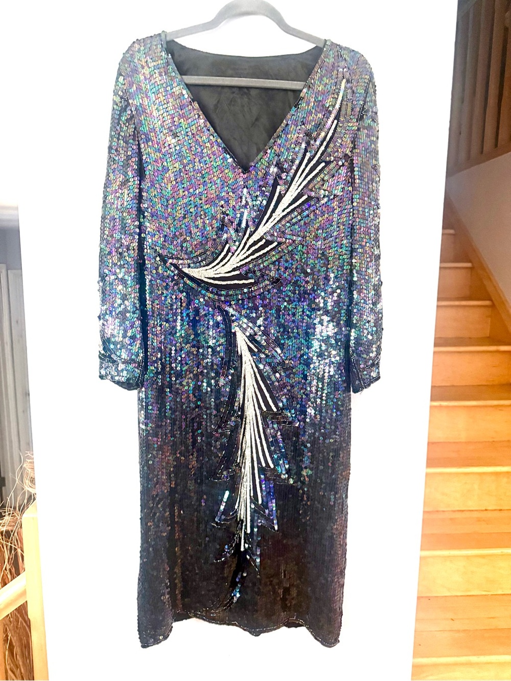 Vintage 80s Sequin Beaded Cocktail Dress Peacock Iridescent Midi L - As Is